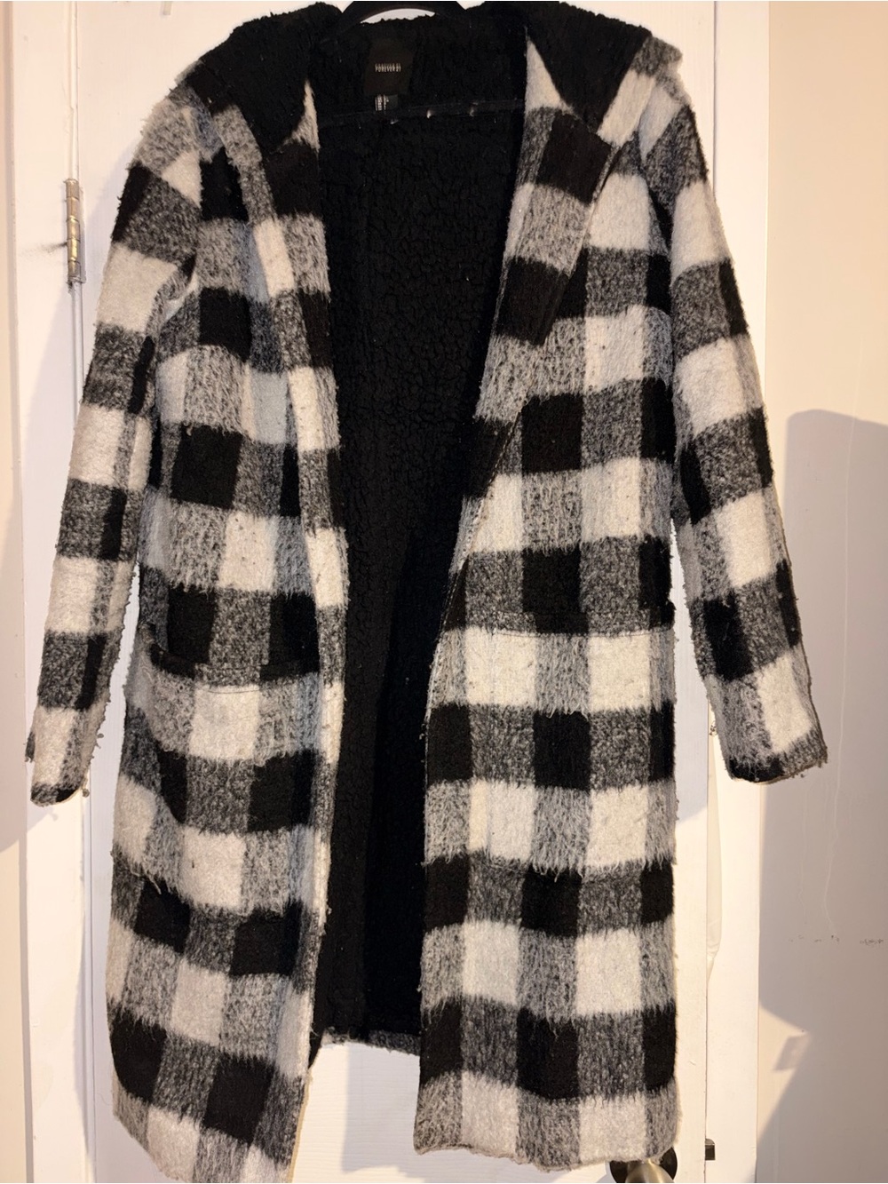 Black & White Plaid Open-Front Long Coat